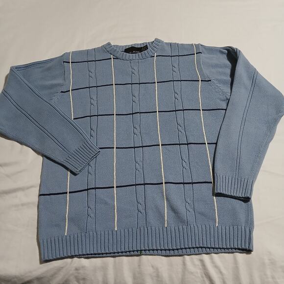 VTG Bill Blass Men's L 100% Cotton Lt Blue Cable-Knit Windowpane Plaid Sweater - Picture 3 of 10